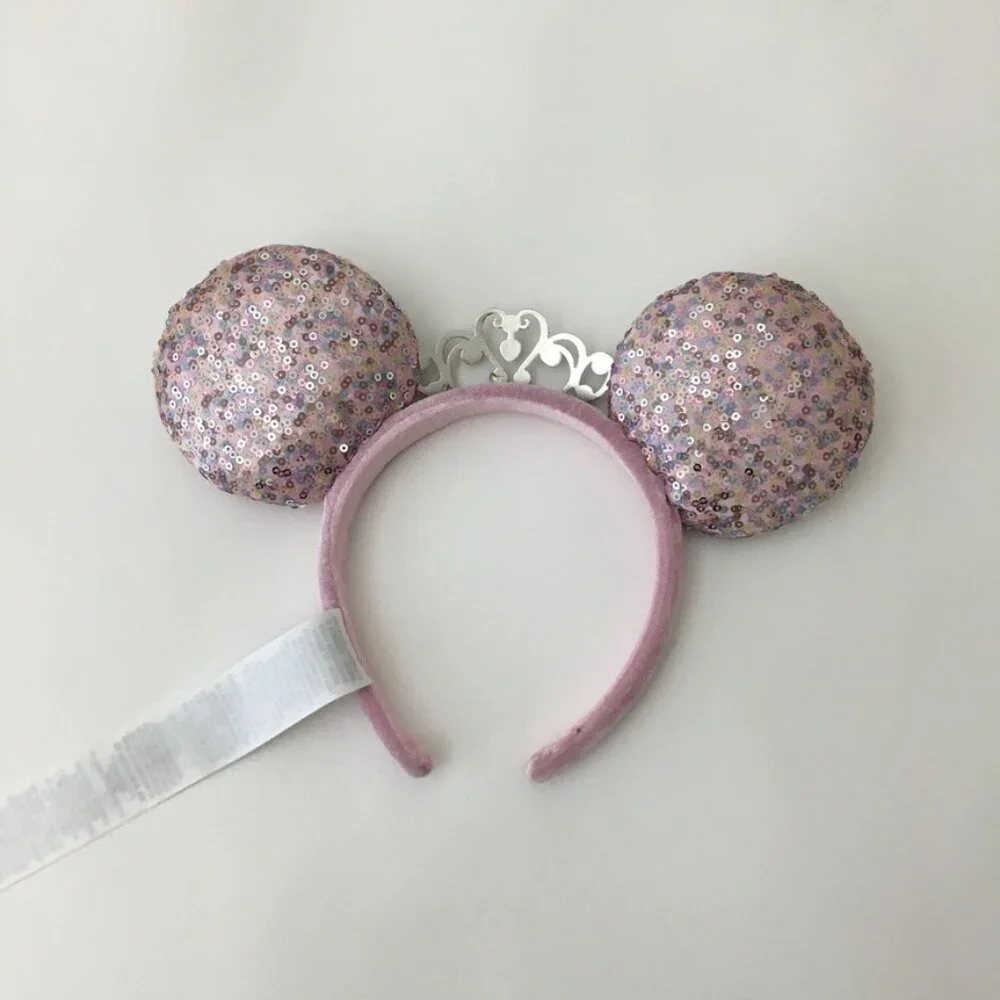 Disney Minnie Mouse HeadBand Pink Velvet-Sequin BONUS-Magic Wand & Clip Earrings
